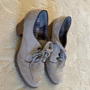 Skechers Chunky High Heel Oxford Taupe Suede Shoes 9.5